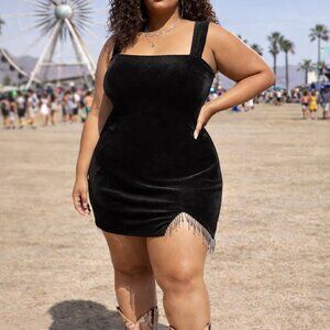 CIDER Black Velvet Fringe Mini Dress – Y2K Festival Party – Size 2XL